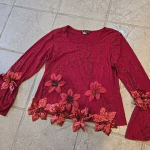 Sparkly Red Christmas Crop Top S Poinsettias Upcycled Holiday